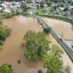 Drone photo showing Wolf Creek in Narrows in flood condition